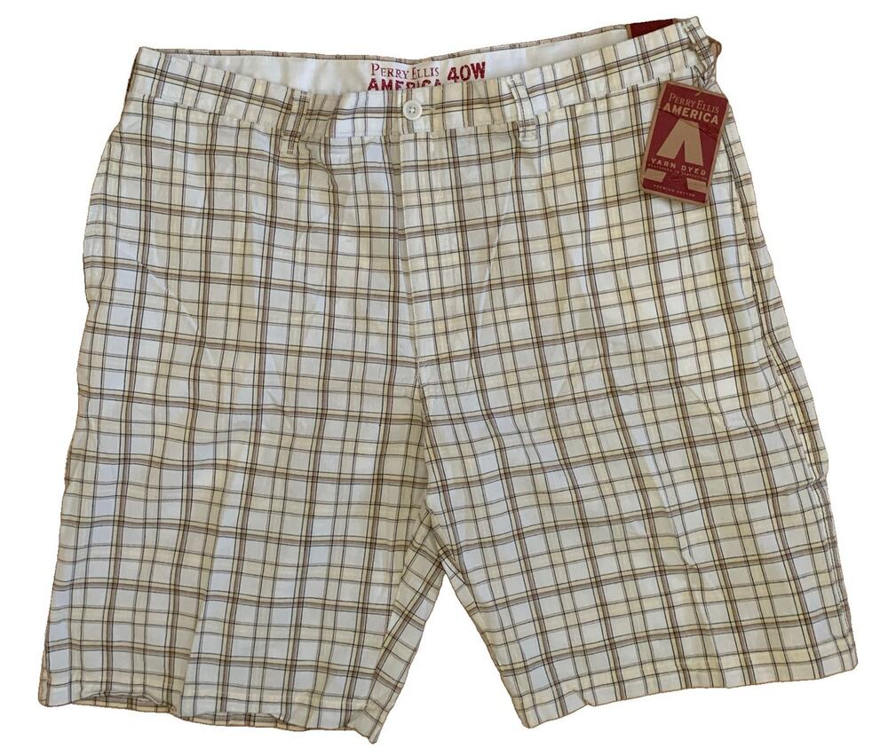 Perry Ellis America Men's Size 40 Flat Front Chino Plaid Shorts Brand New